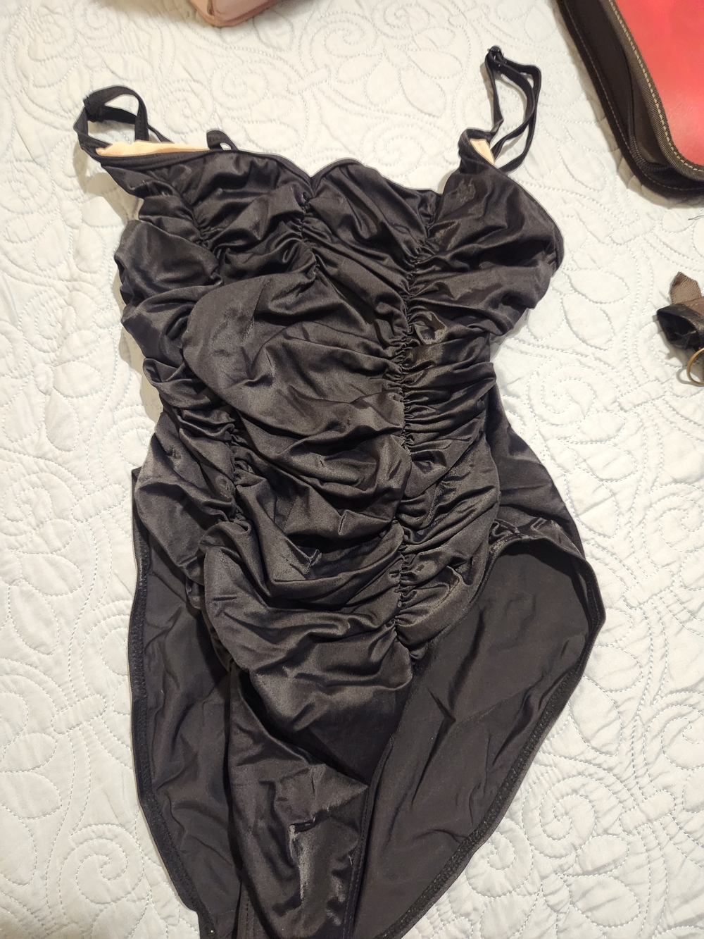 Newport News Shape & Slim Black Ruched One-Piece Fully Lined